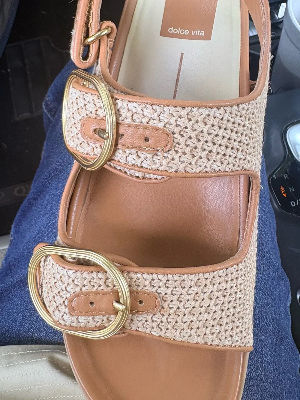 Dolce Vita Tan & Natural Raffia Double-Strap Sandals with Gold Buckles